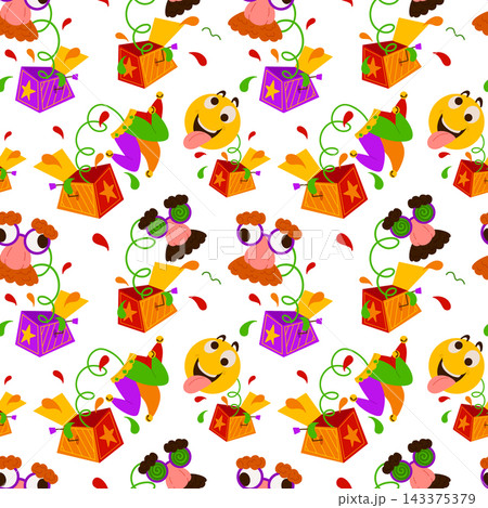Fake nose glasses and jack in the box vector seamless pattern. Bright background for April Fool's Day. Traditional disguise glasses and pop-up backdrop for Joke Day isolated on white for wrapping, tex 143375379