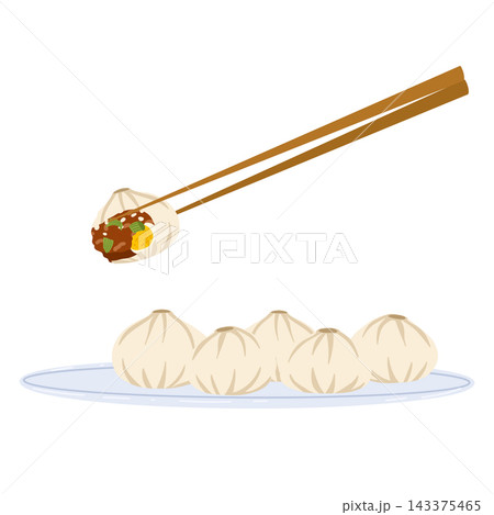 Vector illustration of dumplings and xiaolongbao on a plate with chopsticks. Chinese dim sum design with graphic details. Ideal for stickers, menus, restaurant designs 143375465