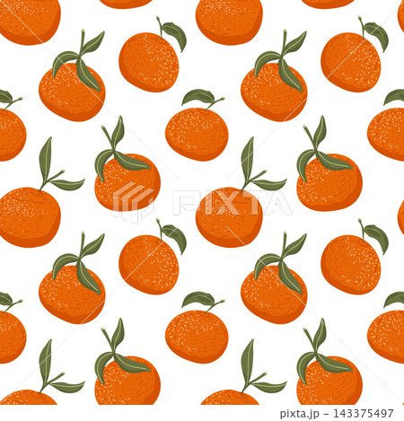 Seamless pattern of bright orange tangerines with juicy citrus texture. Vibrant fruit illustration with a fresh, hand drawn design. Ideal for textile, wallpaper, wrapping paper, interior decor Seamless pattern of bright orange tangerines with juicy citrus texture. Vibrant fruit illustration with a fresh, hand drawn design. Ideal for textile, wallpaper, wrapping paper, interior decor 143375497