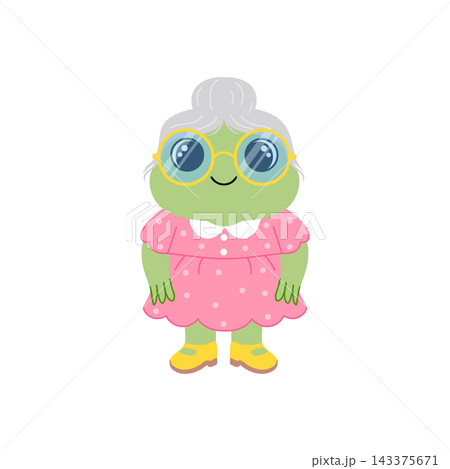 Frog grandmother character in pink polka dot dress and glasses. Vector illustration on white background. 143375671