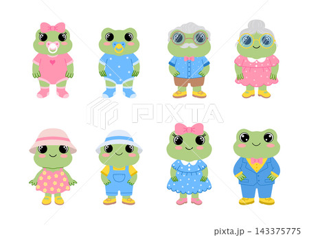 Collection of cartoon frog family characters including baby, grandparents, and parents. Vector mascots for kids design. 143375775