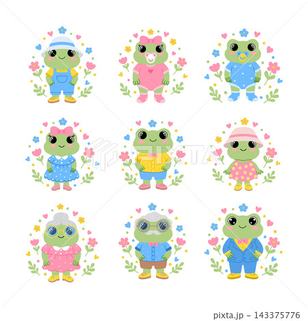 Collection frog family characters in floral wreaths. Vector set for nursery and children design. Collection frog family characters in floral wreaths. Vector set for nursery and children design. 143375776