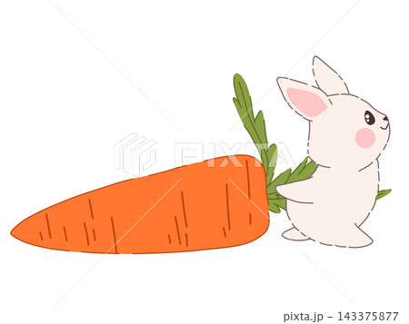 Happy kawaii rabbit carrying a big carrot. Cute cartoon bunny vector illustration. Hand drawn flat design for print, sticker, web Happy kawaii rabbit carrying a big carrot. Cute cartoon bunny vector illustration. Hand drawn flat design for print, sticker, web 143375877