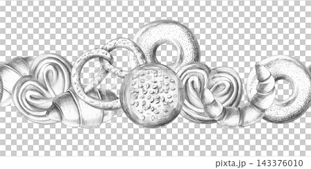 Sweet buns in a seamless border. Isolated pencil illustration for bakeries, cafes, restaurants, cooking schools, packaging, menus, artisanal shops, and agritourism-related typography. Sweet buns in a seamless border. Isolated pencil illustration for bakeries, cafes, restaurants, cooking schools, packaging, menus, artisanal shops, and agritourism-related typography. 143376010