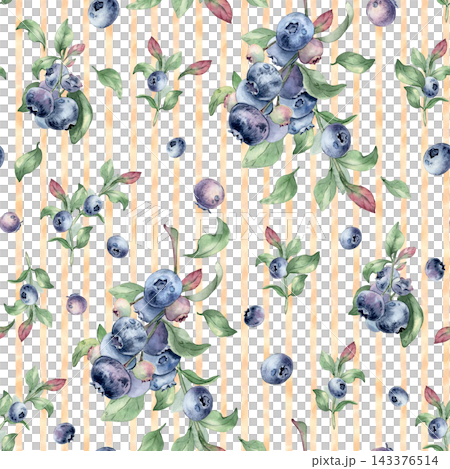 Contemporary surface pattern with berries on striped orange background. Watercolor blueberry lush branches bright leaves hand drawn. Seamless trendy design for textile. Fresh summer fruit repeat. Contemporary surface pattern with berries on striped orange background. Watercolor blueberry lush branches bright leaves hand drawn. Seamless trendy design for textile. Fresh summer fruit repeat. 143376514