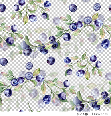 Wild blue berries and fresh green leaves watercolor seamless pattern on white background. Hand drawn bilberry on sprigs illustration. Soft rippled berry repeat for kitchen textile or organic food. Wild blue berries and fresh green leaves watercolor seamless pattern on white background. Hand drawn bilberry on sprigs illustration. Soft rippled berry repeat for kitchen textile or organic food. 143376540