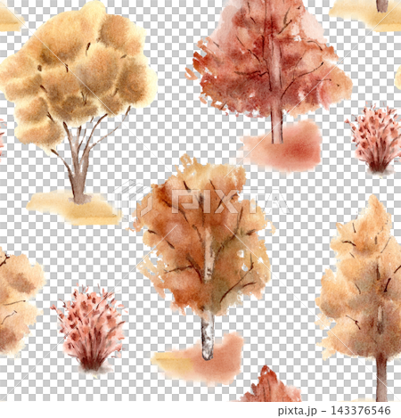 Vibrant watercolor autumn golden trees seamless pattern isolated white. Orange foliage and red bushes hand painted. November forest scene in warm tones repeat for wallpaper, fabric or package. Vibrant watercolor autumn golden trees seamless pattern isolated white. Orange foliage and red bushes hand painted. November forest scene in warm tones repeat for wallpaper, fabric or package. 143376546