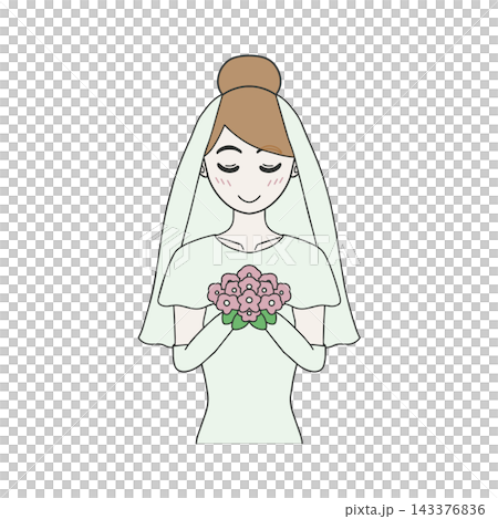 一幅插畫，描繪了一位身穿純白婚紗的新娘，手捧花束，笑容燦爛。 143376836