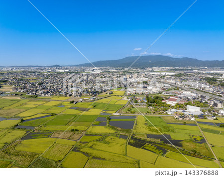 ドローン撮影した福岡県小郡市と田園の風景 143376888