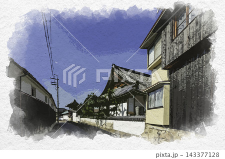 水彩画風　城下町龍野の街並み　如来寺周辺　兵庫県たつの市 143377128