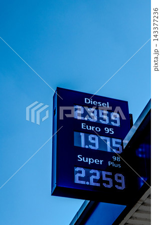 Gas station price sign showing high fuel costs against a blue sky Gas station price sign showing high fuel costs against a blue sky 143377236