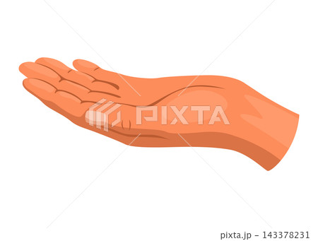 Open palm hand illustration presenting empty space for money or gifts, palm up gesture with outstretched fingers in warm flat peach tones 143378231