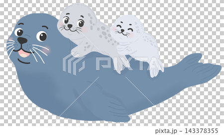 A gentle adult seal carrying two playful baby seals on its back. A gentle adult seal carrying two playful baby seals on its back. 143378355
