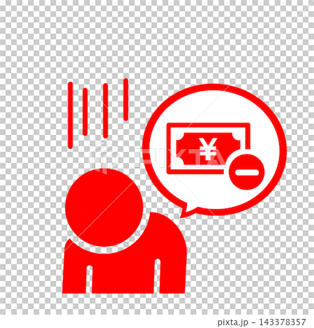 A person looking downcast due to financial worries, with a speech bubble pictogram (red). A person looking downcast due to financial worries, with a speech bubble pictogram (red). 143378357