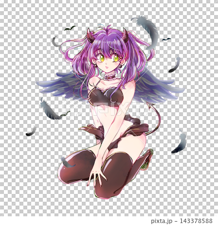A devilish-looking woman with a bare midriff and wings. 143378588