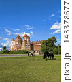 Horses graze on the lawn in front of Mir Castle. Republic of Belarus. 143378677