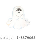 A cute, friendly ghost with big eyes and a smile. A white sheet costume for a Halloween party. A spooky yet festive spirit. A cartoon-style character a child-like figure wishing to say hello and play. 143379068