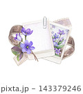 Lavender floral composition with a blank photo frame, botanical photo, purple flowers, film strips, paper and paper clip. Hand-painted watercolor illustration for photography, scrapbooking, stationery 143379246