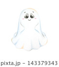 A cute, friendly ghost with big eyes and a smile. A child's Halloween costume made from a white sheet. A spooky yet festive spirit character. A cute, cartoon-style figure for invitations or designs. 143379343