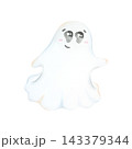 A cute, friendly ghost with big eyes and a smile looking upwards. A white sheet costume for a Halloween party. A spooky yet festive spirit character. A cartoon-style child character for design 143379344