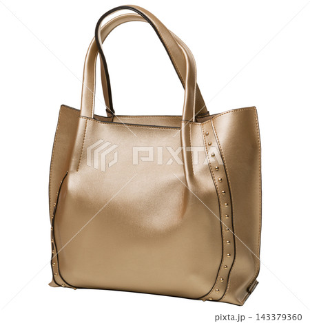 Elegant golden metallic women handbag tote with studded trim isolated on white background Elegant golden metallic women handbag tote with studded trim isolated on white background 143379360
