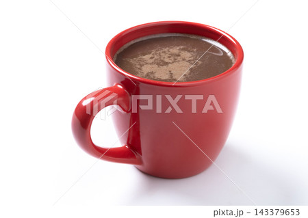 Hot chocolate in red ceramic mug Hot chocolate in red ceramic mug 143379653
