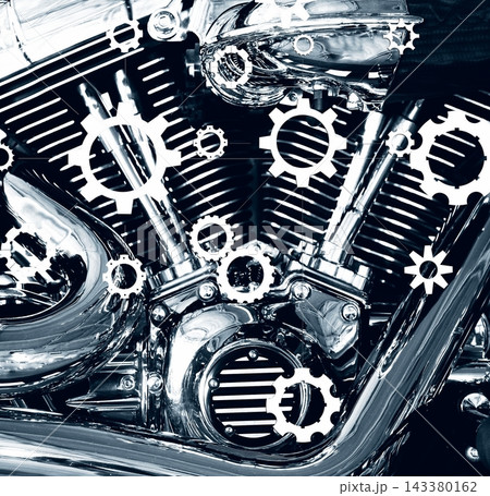 White Gear Wheels Blueprint Design on a Shiny Engine With Chrome Parts and Exhaust System 143380162
