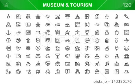 Museum and Tourism icon set. Editable line icons. Professional and modern outline icon pack vector illustration monument preservation and heritage site in a simple design. Museum and Tourism icon set. Editable line icons. Professional and modern outline icon pack vector illustration monument preservation and heritage site in a simple design. 143380170