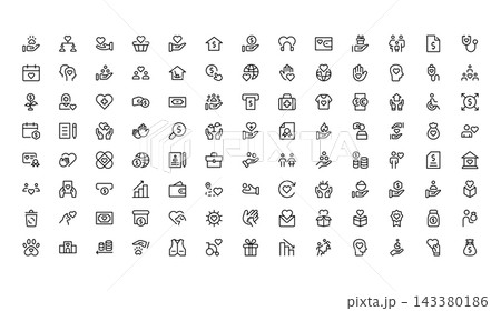 Charity and Fund icon set. Editable line icons. Professional and modern outline icon pack vector illustration contribution and philanthropy in a simple design. 143380186