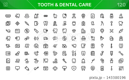 Tooth and dental care icon set. Editable line icons. Professional and modern outline icon pack vector illustration featuring protective dental care kits in a clean design. Tooth and dental care icon set. Editable line icons. Professional and modern outline icon pack vector illustration featuring protective dental care kits in a clean design. 143380196