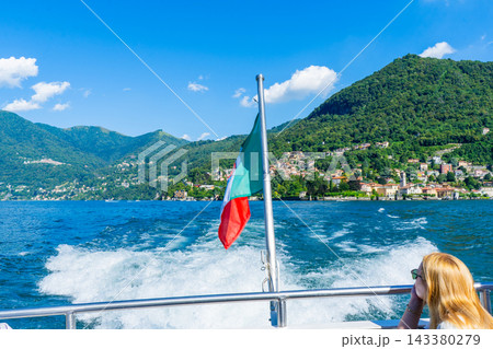 Italian National Maritime Flag Waving on Lake Como Italy Italian National Maritime Flag Waving on Lake Como Italy 143380279