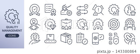 Quality management line icon set. Includes TQM, quality control, quality assurance, audit, compliance, continuous improvement, and more.  143380864