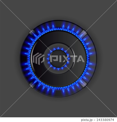 Realistic gas burner. 3d oven hob blue fire flame burner top view, kitchen cooker natural gas ring light home cooking heat safety fuel isolated garish vector illustration Realistic gas burner. 3d oven hob blue fire flame burner top view, kitchen cooker natural gas ring light home cooking heat safety fuel isolated garish vector illustration 143380974