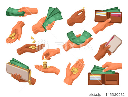 Hands exchanging cash coins and bills with wallet and smartphone in colorful gestures set for money transfer, payment and exchange at checkout, budgeting and saving Hands exchanging cash coins and bills with wallet and smartphone in colorful gestures set for money transfer, payment and exchange at checkout, budgeting and saving 143380982