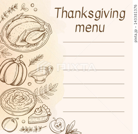 Hand Drawn Thanksgiving Menu Template with Turkey and Pumpkin 143381376