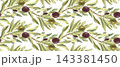 A seamless pattern featuring olive tree branches with fruits. A hand drawn watercolor illustration. Suitable for printing on tablecloth fabric and for packaging design. 143381450