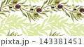 A seamless pattern featuring olive tree branches with fruits. A hand drawn watercolor illustration. Suitable for printing on tablecloth fabric and for packaging design. 143381451