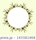 A watercolor postcard featuring olive tree branches with green and black olives. The hand drawn illustration is suitable for packaging design and presentations. 143381468
