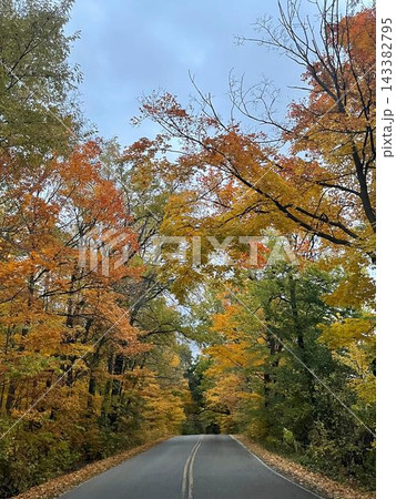 ウィスコンシン州マディソンの紅葉に囲まれた美しい秋の道路 ウィスコンシン州マディソンの紅葉に囲まれた美しい秋の道路 143382795