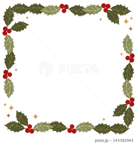 Hand-drawn Christmas decorative floral frame or border made of holly berry and sparkle for greeting cards, holiday offer, banner 143382941