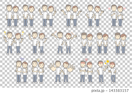 A set of 17 full-body images of men and women in white coats (medical/nursing care) with various facial expressions and poses. A set of 17 full-body images of men and women in white coats (medical/nursing care) with various facial expressions and poses. 143383157