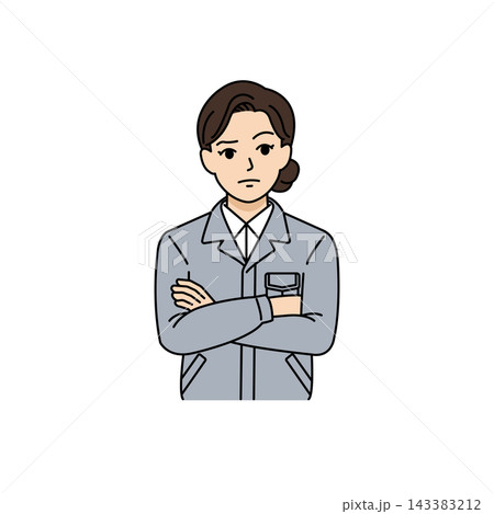 腕を組んで真剣に考え事や検討をするグレー作業着の女性上司イラスト 143383212
