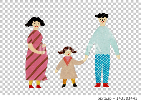 An illustration of a family of three: a pregnant mother, a father, and a baby girl. An illustration of a family of three: a pregnant mother, a father, and a baby girl. 143383443