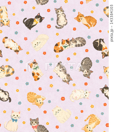 かわいい猫たちと小花柄のシームレスパターン背景素材 Dusty Lavender かわいい猫たちと小花柄のシームレスパターン背景素材 Dusty Lavender 143384103