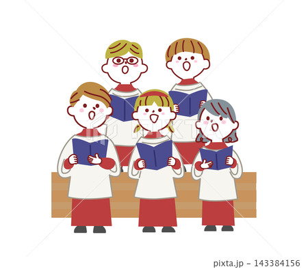 赤い伝統衣装を着て楽譜を持って歌う聖歌隊の子供たちのイラスト・クリスマス	 143384156