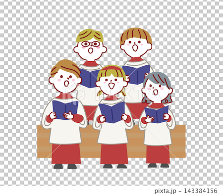 赤い伝統衣装を着て楽譜を持って歌う聖歌隊の子供たちのイラスト・クリスマス	 143384156
