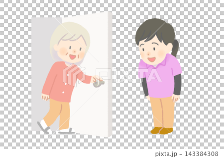一位身穿polo衫的女士拜訪了一位老年女顧客的家。 143384308