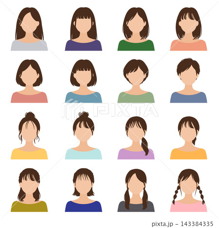 色々な髪形の女性(顔なし)の上半身のセットのベクターイラスト 色々な髪形の女性(顔なし)の上半身のセットのベクターイラスト 143384335