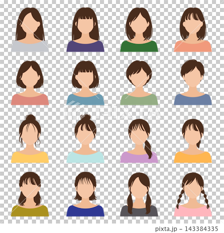色々な髪形の女性(顔なし)の上半身のセットのベクターイラスト 色々な髪形の女性(顔なし)の上半身のセットのベクターイラスト 143384335