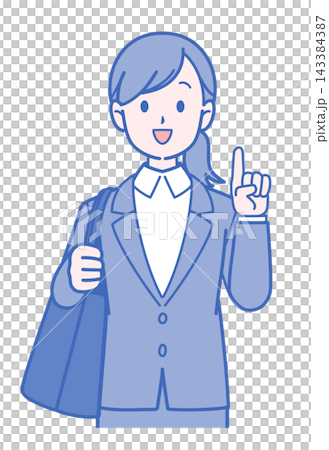 A woman in a suit holding a bag and pointing out a location. A woman in a suit holding a bag and pointing out a location. 143384387